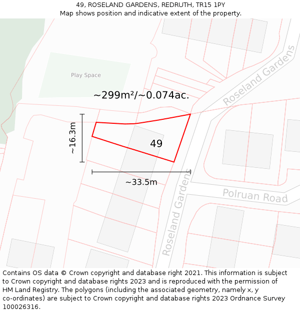 49, ROSELAND GARDENS, REDRUTH, TR15 1PY: Plot and title map