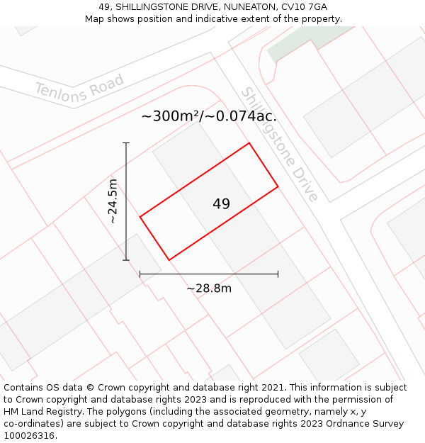 49, SHILLINGSTONE DRIVE, NUNEATON, CV10 7GA: Plot and title map