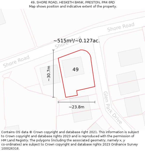 49, SHORE ROAD, HESKETH BANK, PRESTON, PR4 6RD: Plot and title map