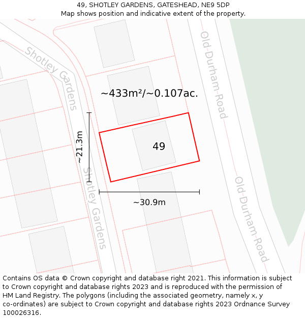 49, SHOTLEY GARDENS, GATESHEAD, NE9 5DP: Plot and title map