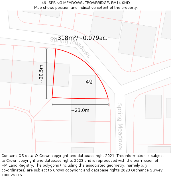 49, SPRING MEADOWS, TROWBRIDGE, BA14 0HD: Plot and title map