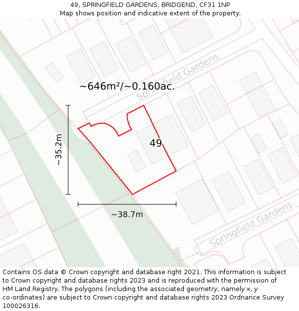 49, SPRINGFIELD GARDENS, BRIDGEND, CF31 1NP: Plot and title map