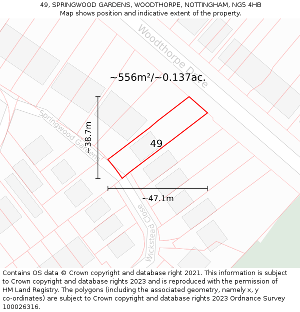 49, SPRINGWOOD GARDENS, WOODTHORPE, NOTTINGHAM, NG5 4HB: Plot and title map