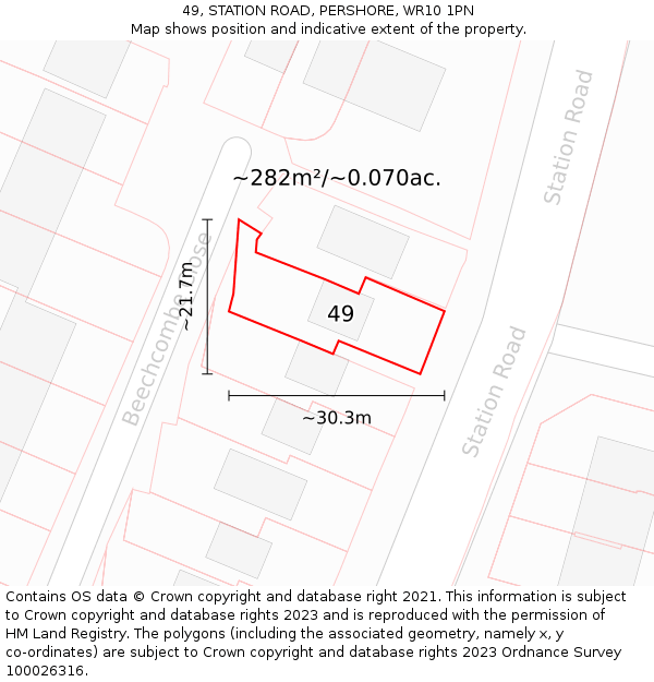 49, STATION ROAD, PERSHORE, WR10 1PN: Plot and title map