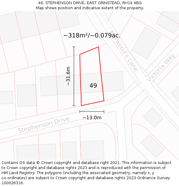 49, STEPHENSON DRIVE, EAST GRINSTEAD, RH19 4BG: Plot and title map