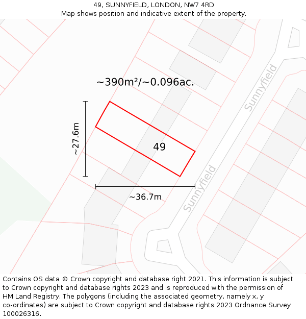 49, SUNNYFIELD, LONDON, NW7 4RD: Plot and title map