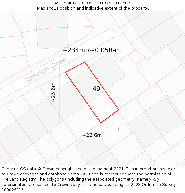 49, TAMETON CLOSE, LUTON, LU2 8UX: Plot and title map