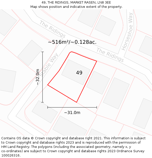 49, THE RIDINGS, MARKET RASEN, LN8 3EE: Plot and title map