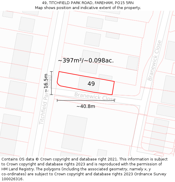 49, TITCHFIELD PARK ROAD, FAREHAM, PO15 5RN: Plot and title map