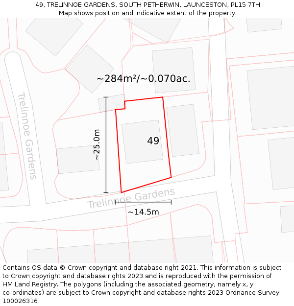 49, TRELINNOE GARDENS, SOUTH PETHERWIN, LAUNCESTON, PL15 7TH: Plot and title map