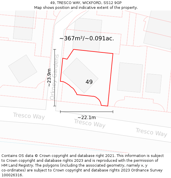 49, TRESCO WAY, WICKFORD, SS12 9GP: Plot and title map