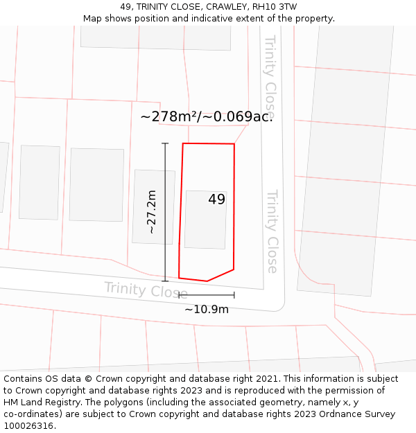 49, TRINITY CLOSE, CRAWLEY, RH10 3TW: Plot and title map