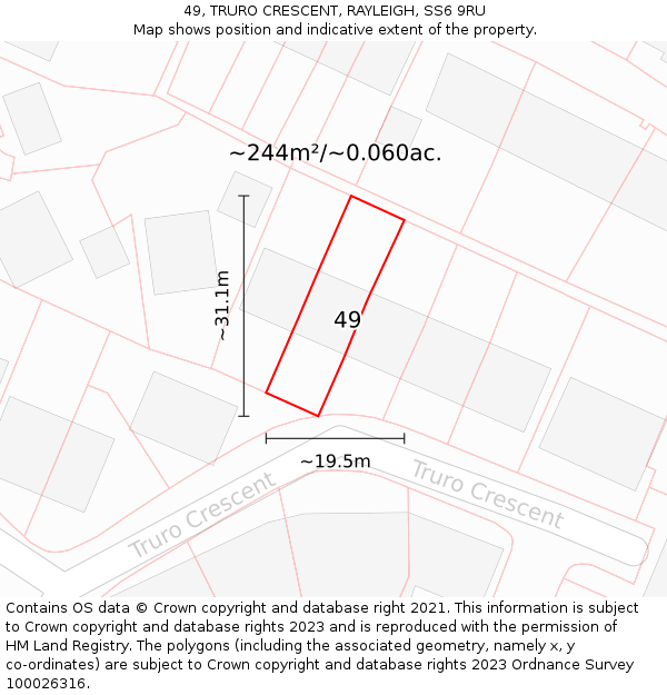 49, TRURO CRESCENT, RAYLEIGH, SS6 9RU: Plot and title map