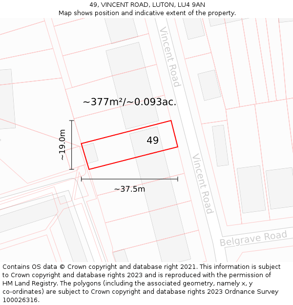 49, VINCENT ROAD, LUTON, LU4 9AN: Plot and title map