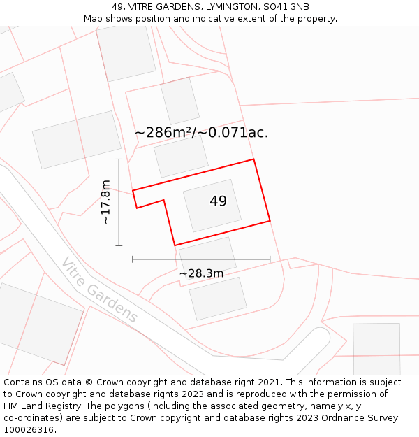 49, VITRE GARDENS, LYMINGTON, SO41 3NB: Plot and title map