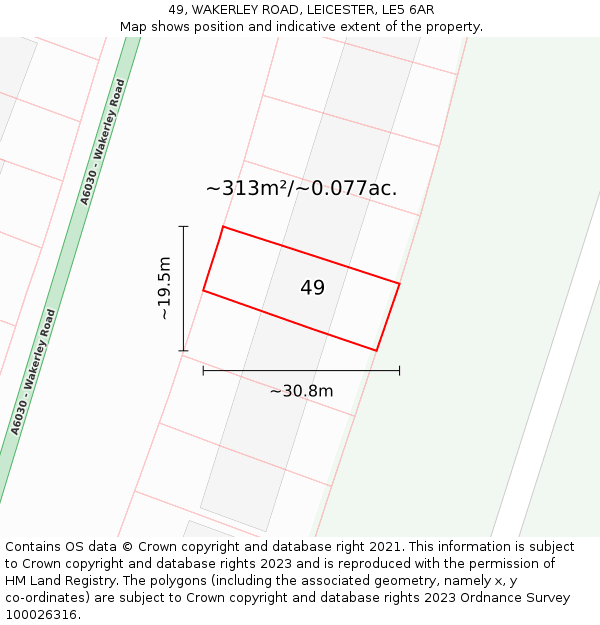 49, WAKERLEY ROAD, LEICESTER, LE5 6AR: Plot and title map