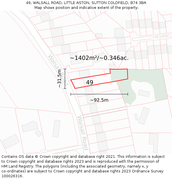 49, WALSALL ROAD, LITTLE ASTON, SUTTON COLDFIELD, B74 3BA: Plot and title map