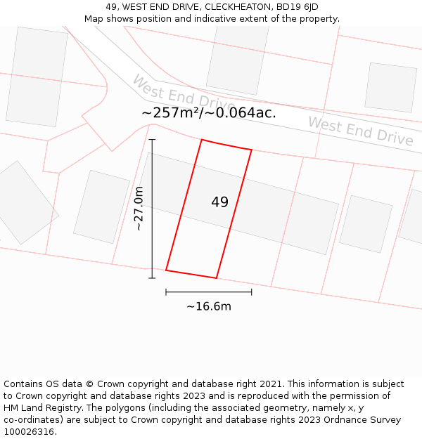 49, WEST END DRIVE, CLECKHEATON, BD19 6JD: Plot and title map