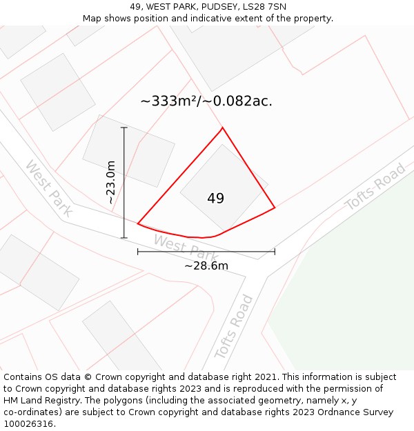 49, WEST PARK, PUDSEY, LS28 7SN: Plot and title map