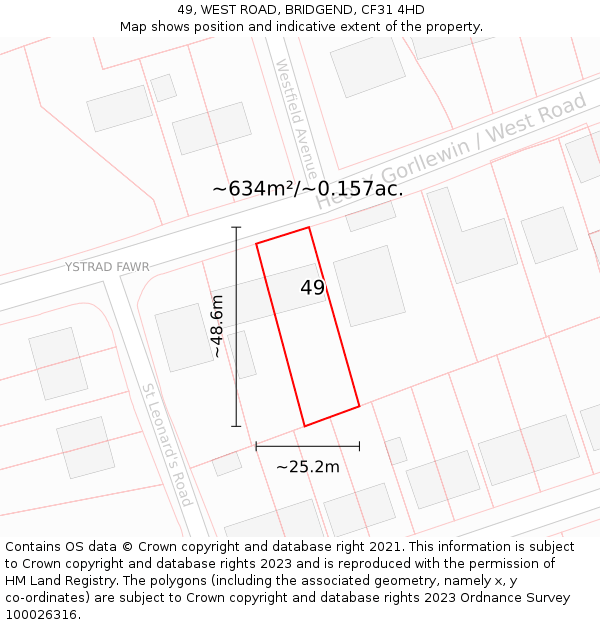 49, WEST ROAD, BRIDGEND, CF31 4HD: Plot and title map