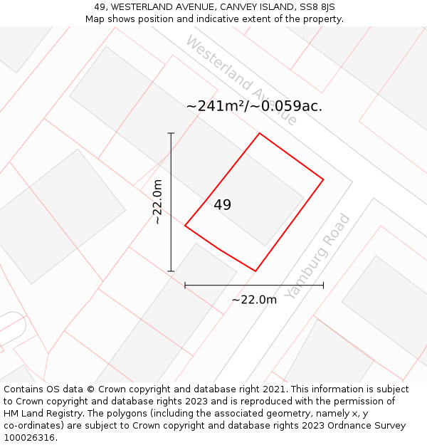 49, WESTERLAND AVENUE, CANVEY ISLAND, SS8 8JS: Plot and title map