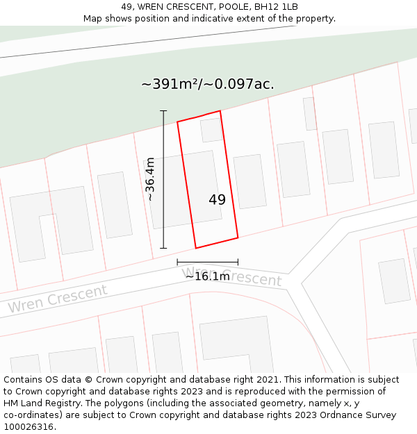 49, WREN CRESCENT, POOLE, BH12 1LB: Plot and title map