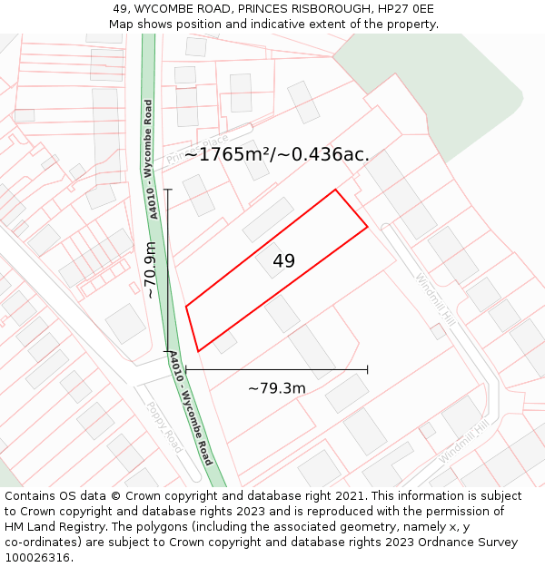 49, WYCOMBE ROAD, PRINCES RISBOROUGH, HP27 0EE: Plot and title map