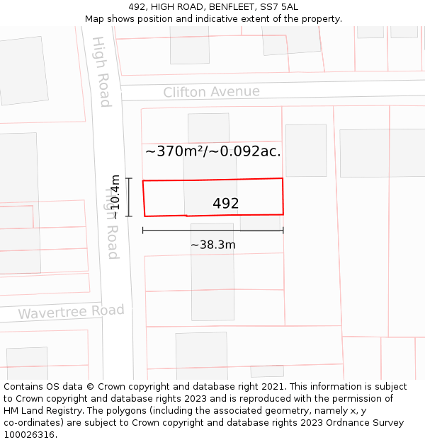 492, HIGH ROAD, BENFLEET, SS7 5AL: Plot and title map