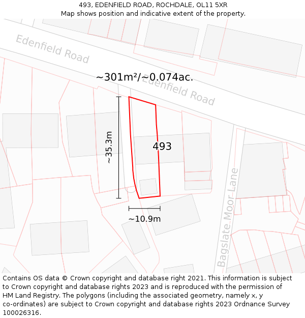 493, EDENFIELD ROAD, ROCHDALE, OL11 5XR: Plot and title map