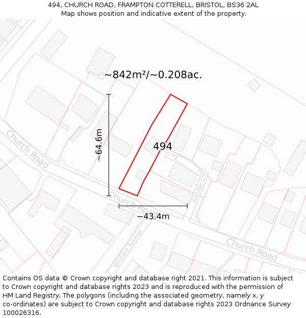 494, CHURCH ROAD, FRAMPTON COTTERELL, BRISTOL, BS36 2AL: Plot and title map