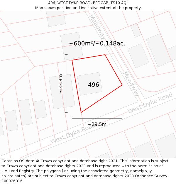 496, WEST DYKE ROAD, REDCAR, TS10 4QL: Plot and title map