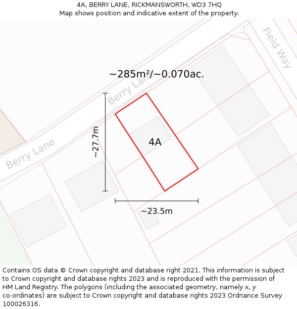 4A, BERRY LANE, RICKMANSWORTH, WD3 7HQ: Plot and title map