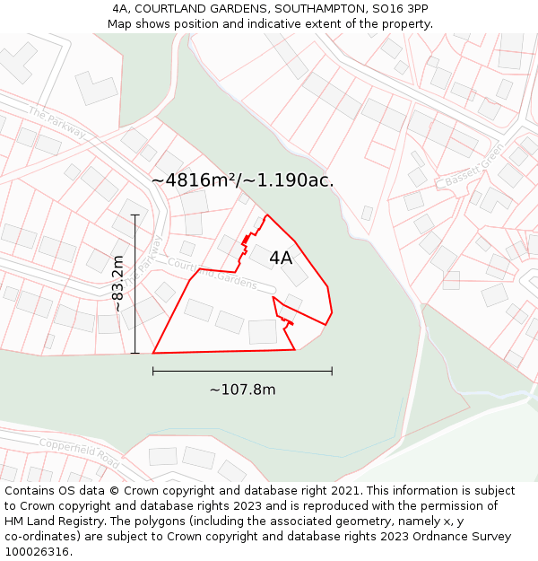 4A, COURTLAND GARDENS, SOUTHAMPTON, SO16 3PP: Plot and title map