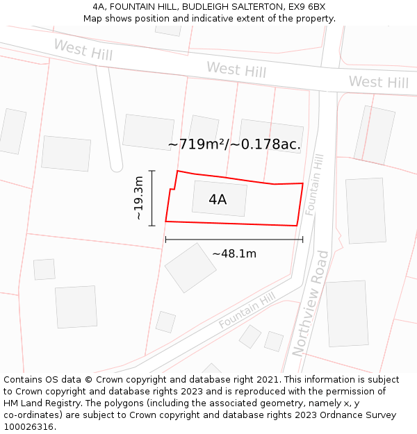 4A, FOUNTAIN HILL, BUDLEIGH SALTERTON, EX9 6BX: Plot and title map