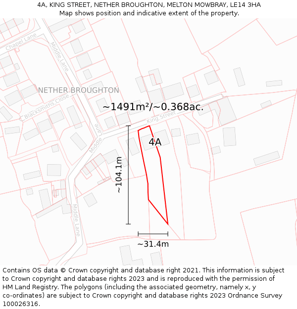 4A, KING STREET, NETHER BROUGHTON, MELTON MOWBRAY, LE14 3HA: Plot and title map