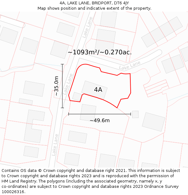 4A, LAKE LANE, BRIDPORT, DT6 4JY: Plot and title map