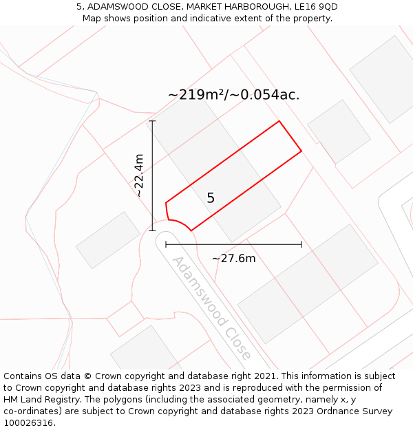 5, ADAMSWOOD CLOSE, MARKET HARBOROUGH, LE16 9QD: Plot and title map