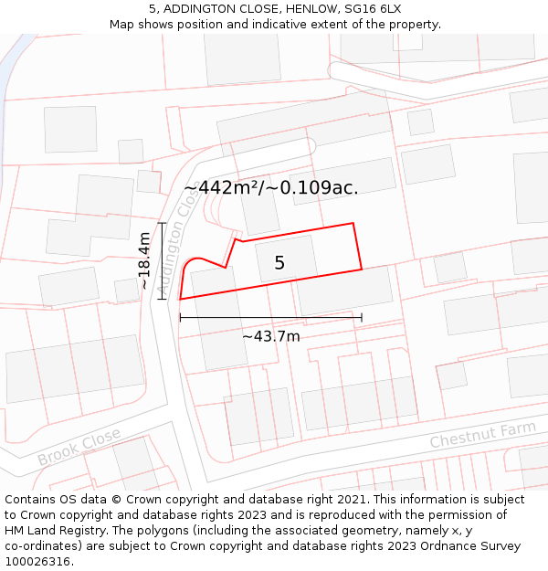 5, ADDINGTON CLOSE, HENLOW, SG16 6LX: Plot and title map