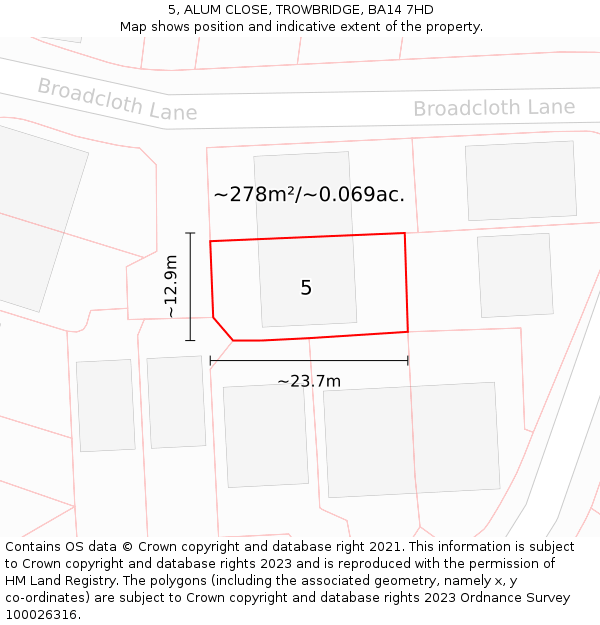 5, ALUM CLOSE, TROWBRIDGE, BA14 7HD: Plot and title map