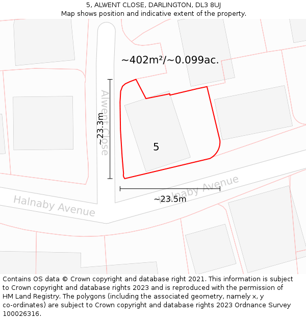 5, ALWENT CLOSE, DARLINGTON, DL3 8UJ: Plot and title map