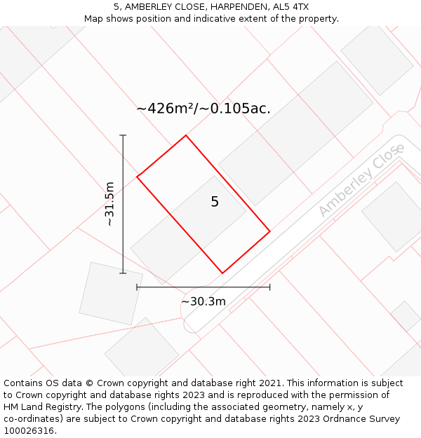 5, AMBERLEY CLOSE, HARPENDEN, AL5 4TX: Plot and title map