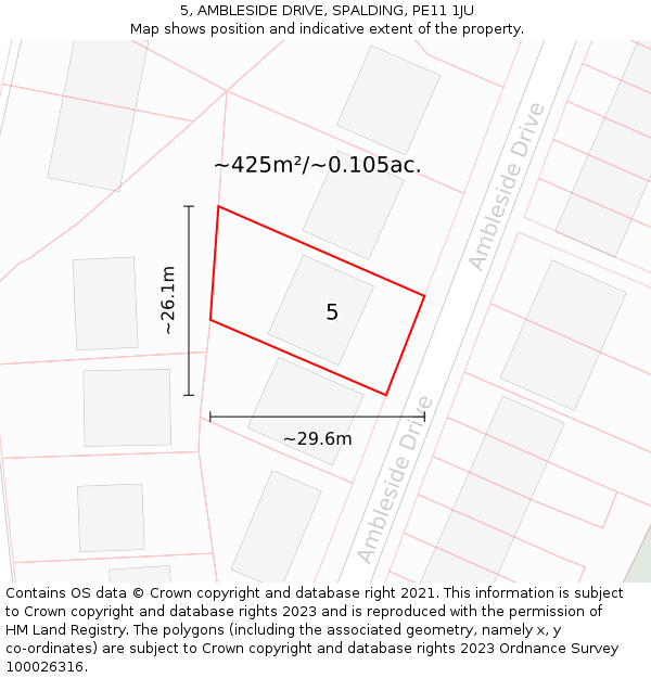 5, AMBLESIDE DRIVE, SPALDING, PE11 1JU: Plot and title map