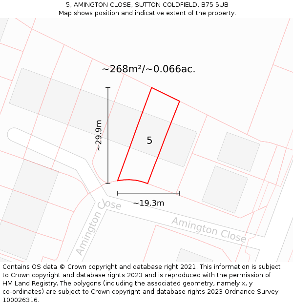 5, AMINGTON CLOSE, SUTTON COLDFIELD, B75 5UB: Plot and title map