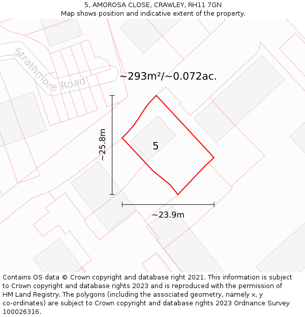 5, AMOROSA CLOSE, CRAWLEY, RH11 7GN: Plot and title map