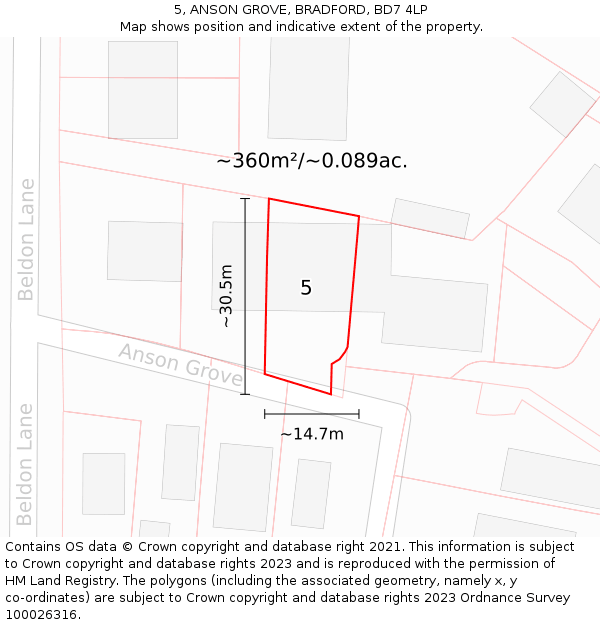 5, ANSON GROVE, BRADFORD, BD7 4LP: Plot and title map