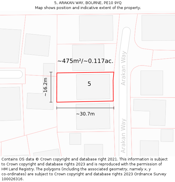 5, ARAKAN WAY, BOURNE, PE10 9YQ: Plot and title map