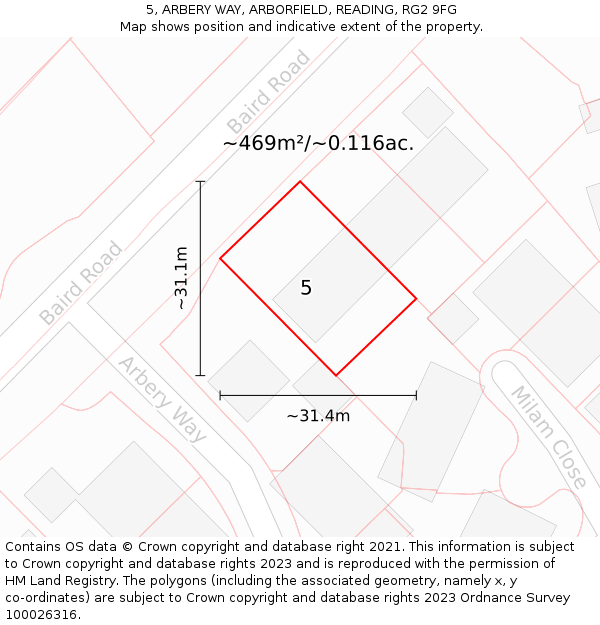 5, ARBERY WAY, ARBORFIELD, READING, RG2 9FG: Plot and title map