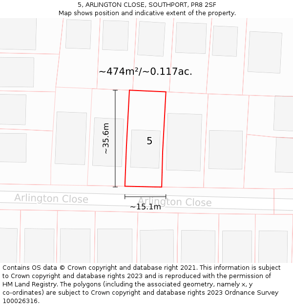 5, ARLINGTON CLOSE, SOUTHPORT, PR8 2SF: Plot and title map