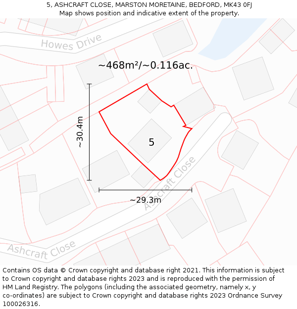 5, ASHCRAFT CLOSE, MARSTON MORETAINE, BEDFORD, MK43 0FJ: Plot and title map