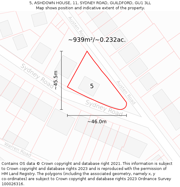 5, ASHDOWN HOUSE, 11, SYDNEY ROAD, GUILDFORD, GU1 3LL: Plot and title map